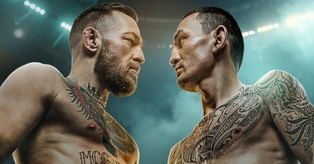 Intenso cara a cara entre Conor McGregor y Max Holloway, estrellas de UFC, con sus torsos tatuados en un ring de lucha.