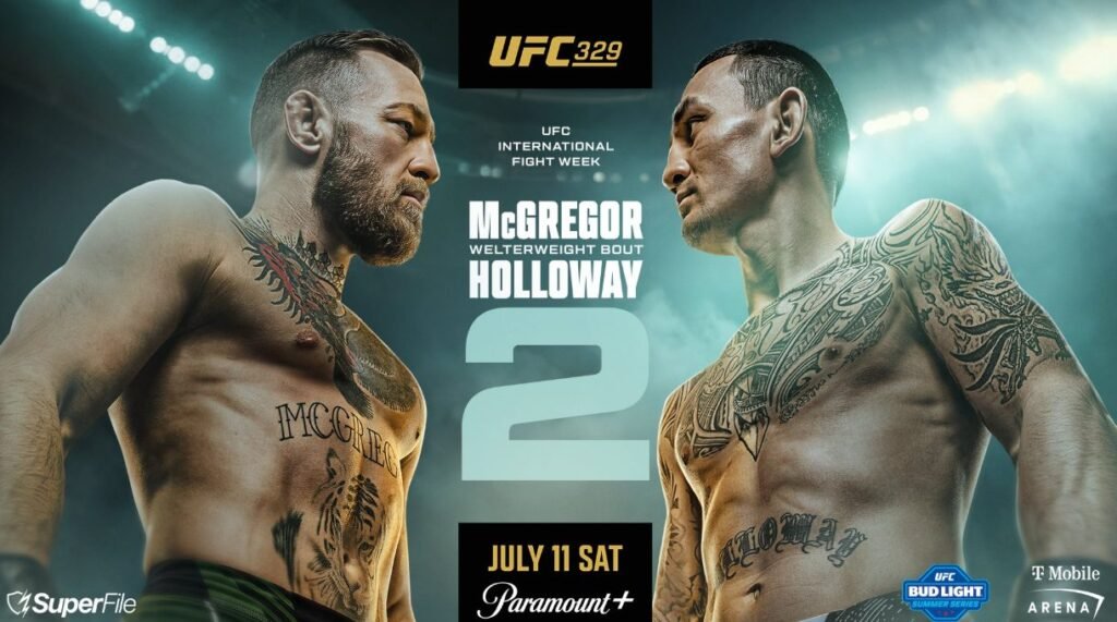 Póster UFC 329. Conor McGregor y Max Holloway, musculosos y tatuados, se miran desafiantes para su revancha wélter.