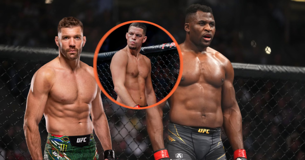 Los luchadores de la UFC Jiri Prochazka, Nate Diaz (destacado) y Francis Ngannou en un octágono.