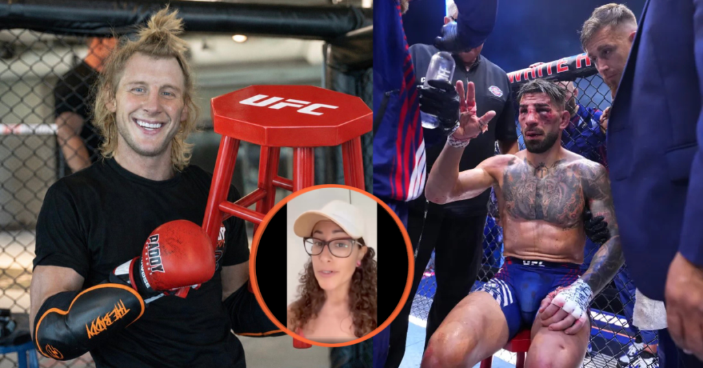 Luchador rubio de MMA sonríe con guantes y taburete UFC; otro luchador herido sangra en la jaula, con una mujer en vídeo.