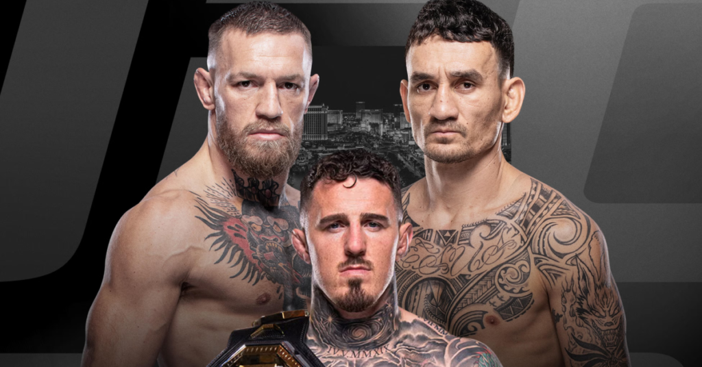 Conor McGregor, Max Holloway y Paddy Pimblett (con cinturón) de UFC. Luchadores tatuados, mirada intensa, fondo de Las Vegas.