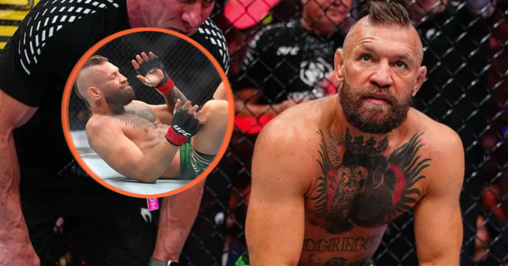 Conor McGregor con barba y mohawk, en jaula, mirada intensa. Inserto circular: el luchador joven tumbado en el ring con guantes UFC.