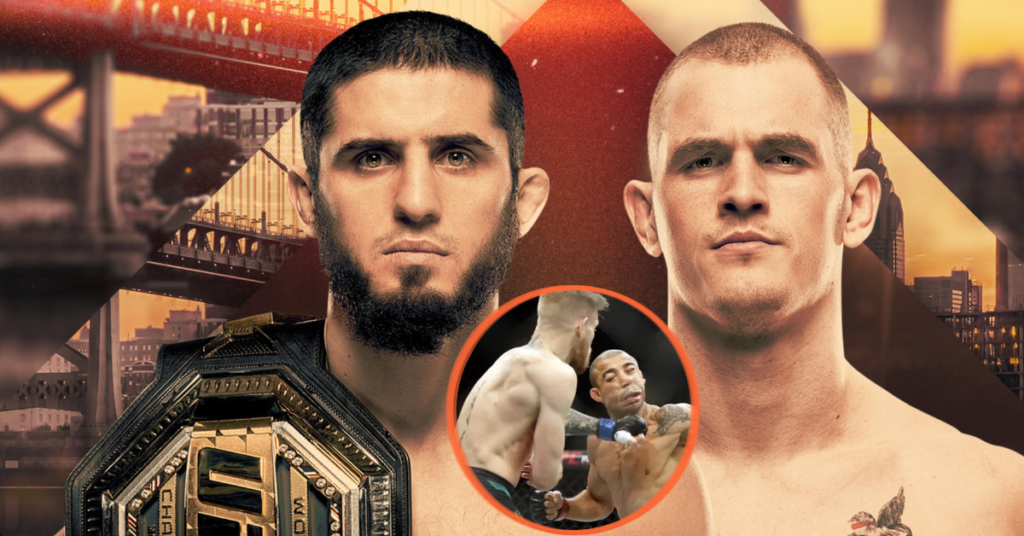 Islam Makhachev (campeón UFC) y Dustin Poirier en póster de lucha. Fondo urbano. Incluye detalle de un golpe de MMA.