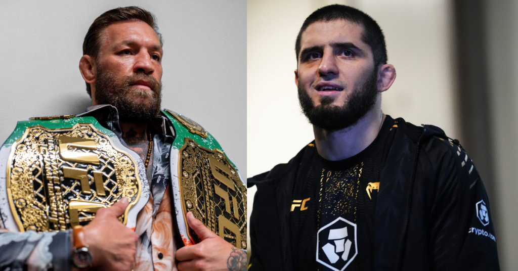 Conor McGregor con barba y cinturones de campeón UFC, e Islam Makhachev en camiseta UFC. Estrellas de MMA.