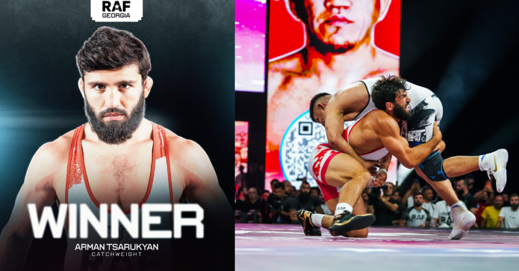 Arman Tsarukyan: retrato de ganador con barba y maillot rojo. A su derecha, el luchador en acción intensa contra otro deportista en un combate de lucha.