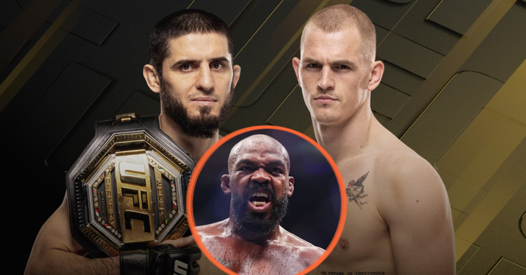 Makhachev (campeón UFC) y Volkanovski, cara a cara. Jon Jones, barbudo y sudoroso, grita ferozmente en el centro.