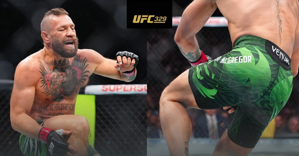 Conor McGregor en acción de combate, con shorts verdes y tatuajes. Logotipo de UFC 329.