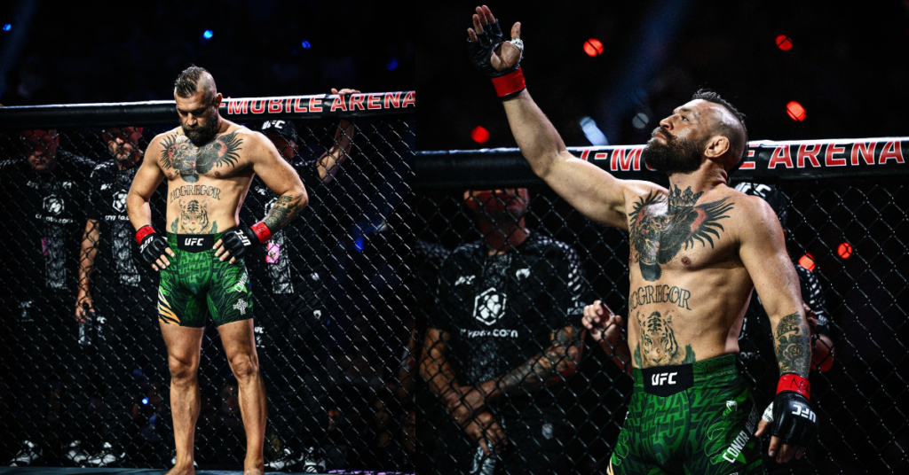 Conor McGregor en el octágono UFC, a la izquierda pensativo, a la derecha celebrando con el brazo alzado. Tatuajes visibles.