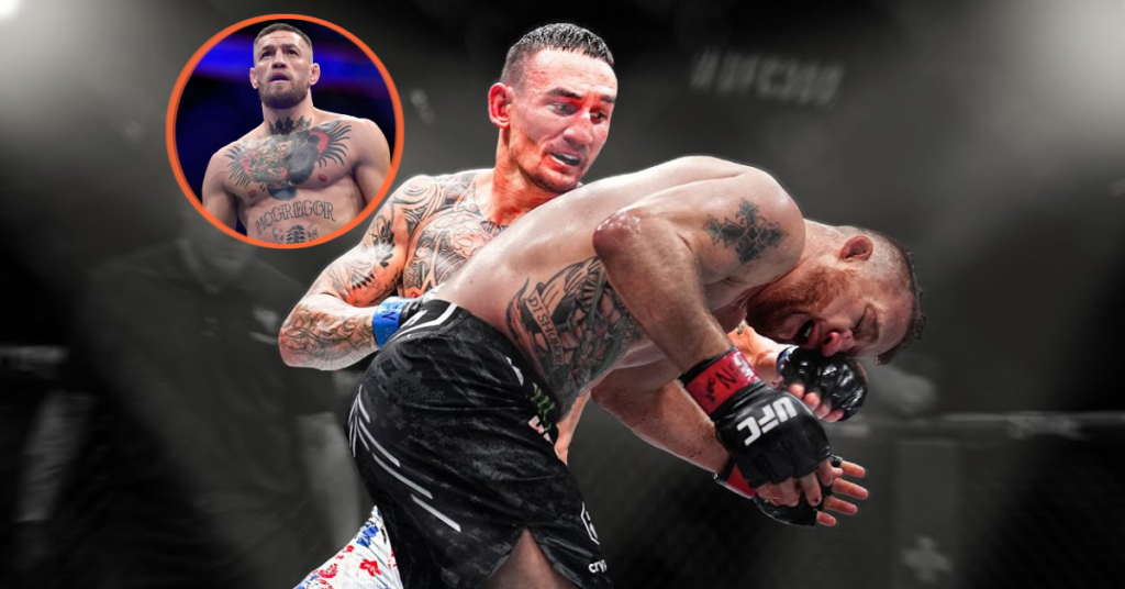 Max Holloway, ensangrentado y tatuado, domina a Justin Gaethje en la UFC. En un círculo, Conor McGregor atento.