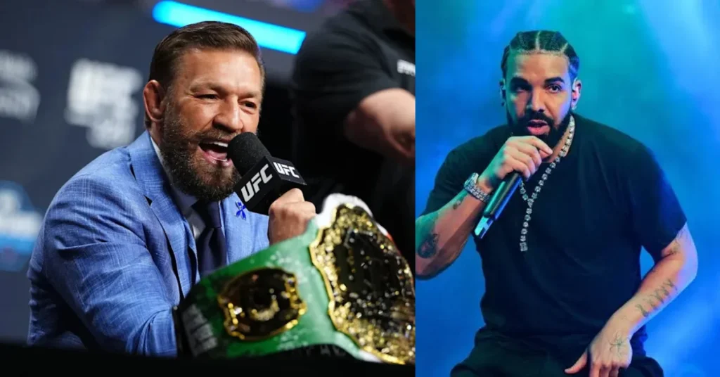 Conor McGregor sonríe con micrófono UFC y cinturón, frente a Drake rapeando en un escenario vibrante.