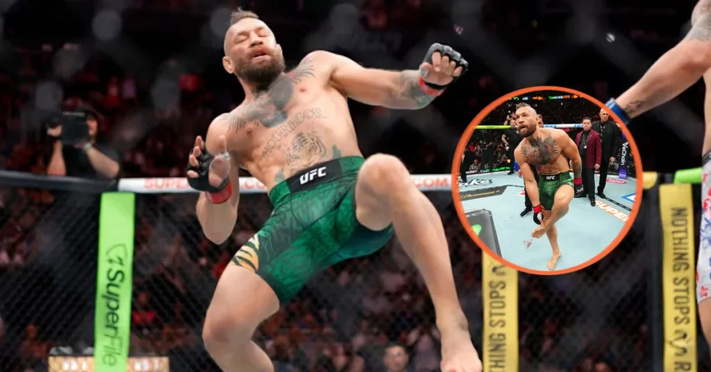 Conor McGregor saltando en combate de MMA con pantalones verdes; inserto muestra su famosa lesión de pierna rota en el octágono.