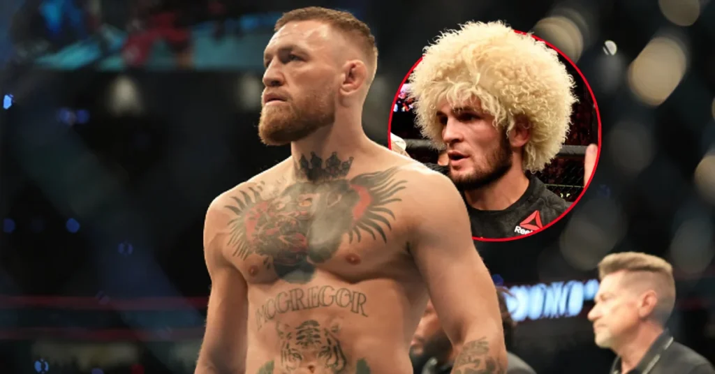 Conor McGregor, luchador de UFC, posa sin camiseta, con Khabib Nurmagomedov con gorro Papakha en un círculo. Dos leyendas del MMA.