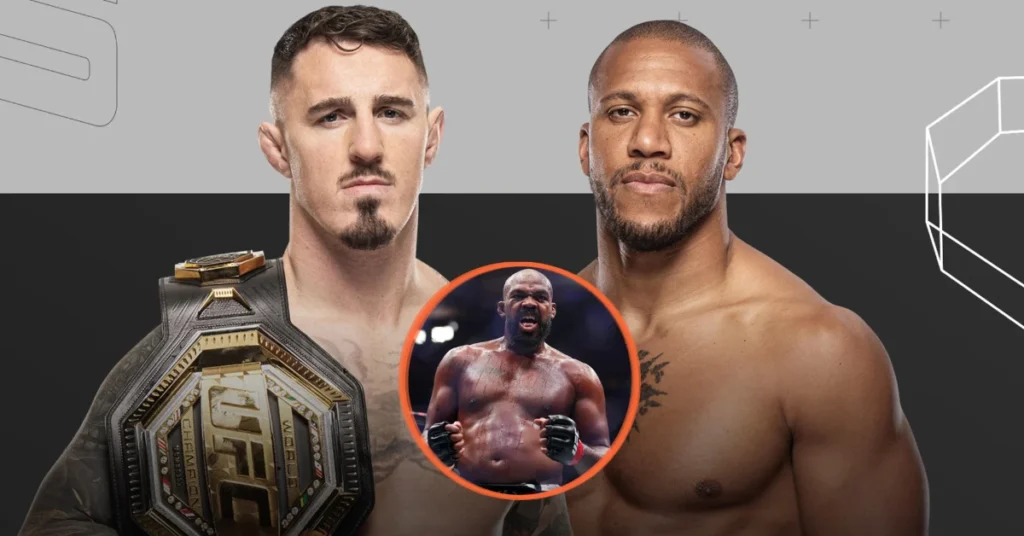 Tom Aspinall (campeón UFC) y Ciryl Gane, con Jon Jones en primer plano. Combate de pesos pesados MMA.