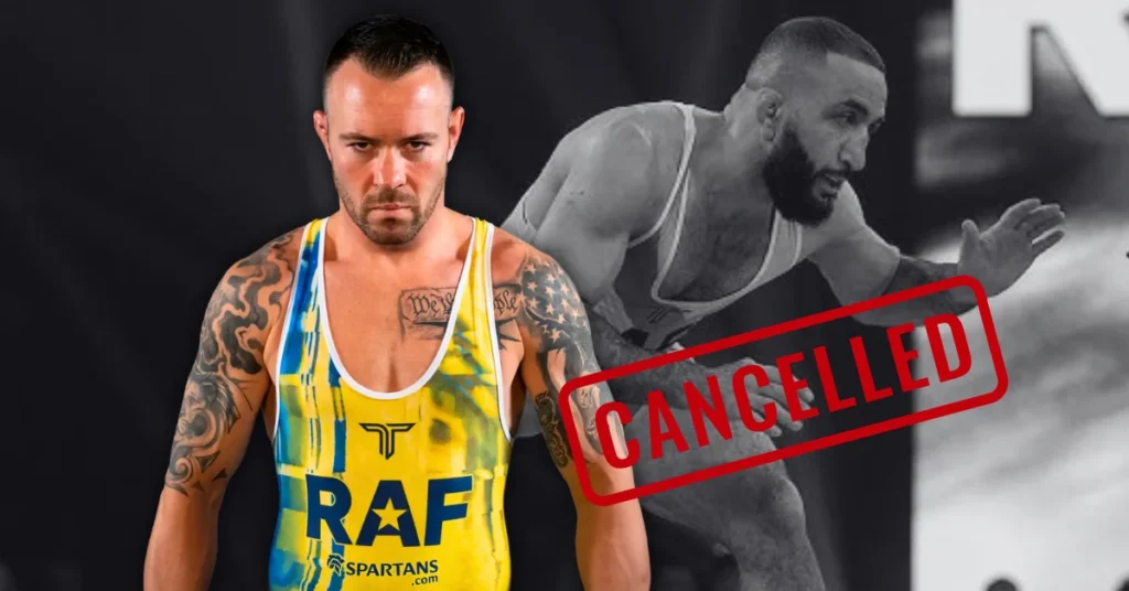 Colby Covington, en malla de lucha amarilla, mira fijamente. Belal Muhammad en monocromo de fondo y sello rojo: COMBATE CANCELADO.