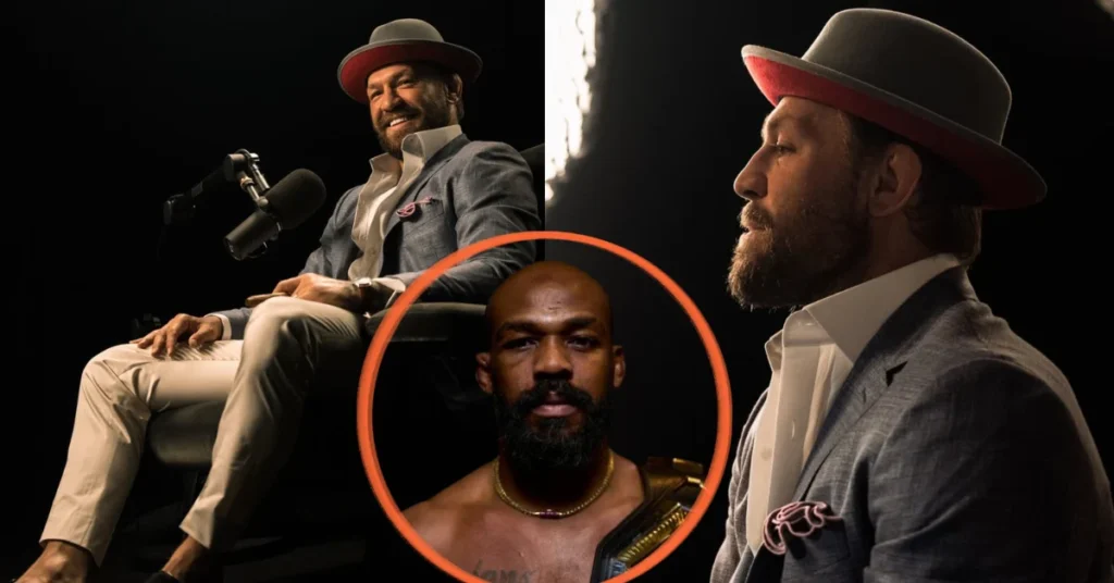 Conor McGregor en traje y sombrero, sonriendo y de perfil. Jon Jones con cinturón de campeón en círculo central.