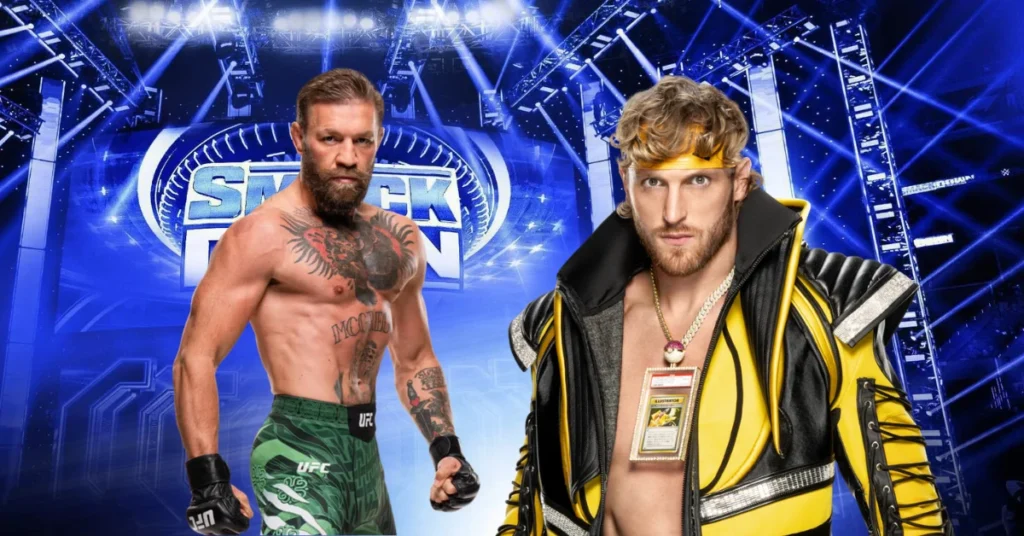 Conor McGregor y Logan Paul posan ante el logo de WWE SmackDown. McGregor lleva ropa UFC, Paul una chaqueta amarilla y colgante Pokémon.