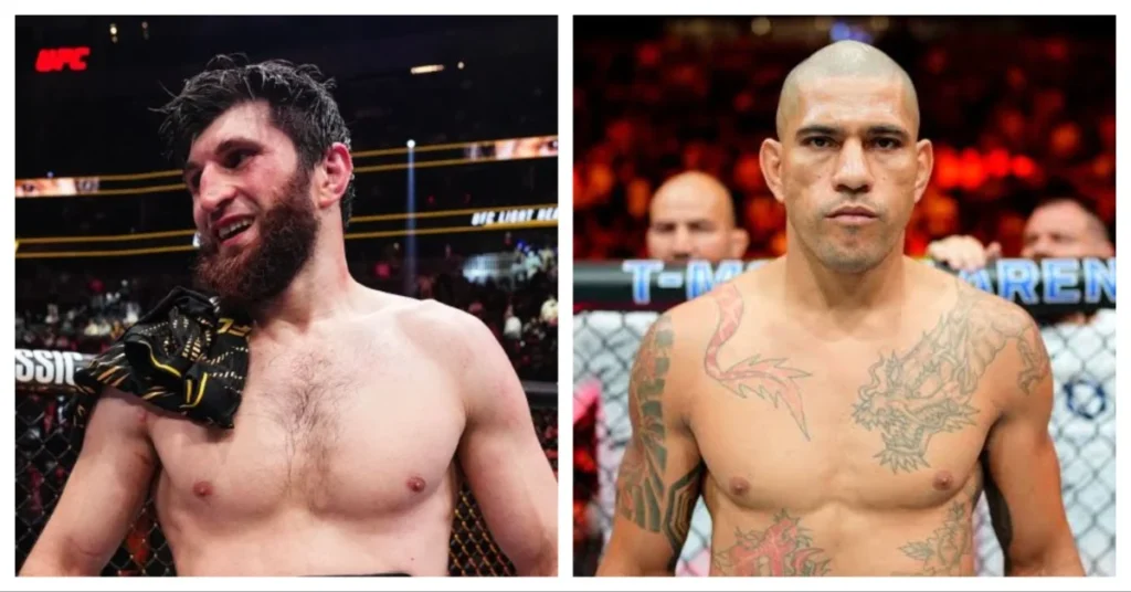 Magomed Ankalaev, barbudo y sonriente, junto a Alex Pereira, calvo y tatuado con gesto serio, ambos luchadores de UFC.