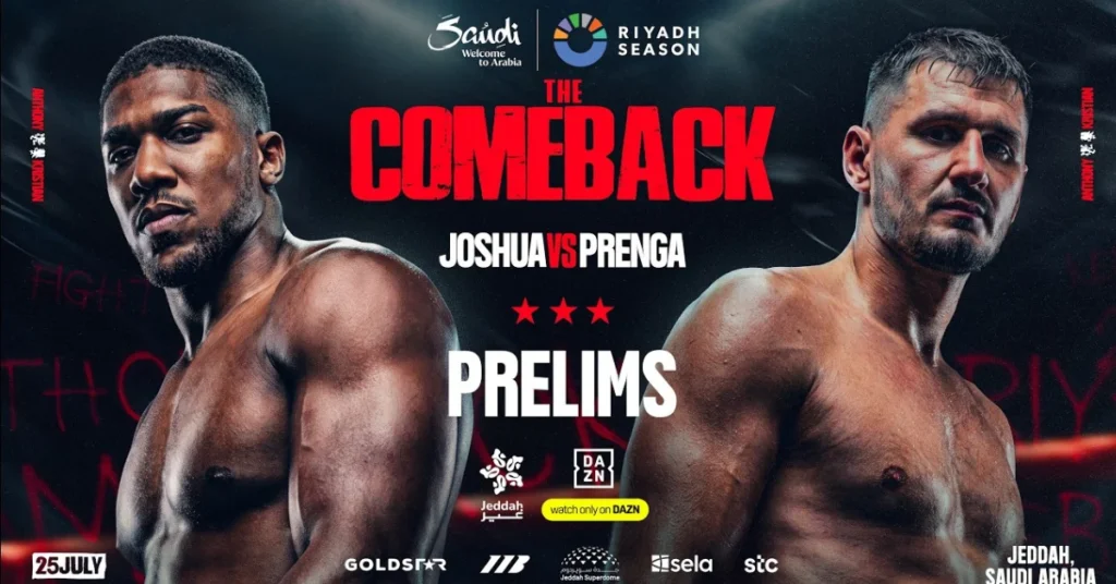 Póster de boxeo: Anthony Joshua y Prenga serios, listos para el combate. Anuncia "The Comeback" y preliminares en Jeddah, Arabia Saudita.