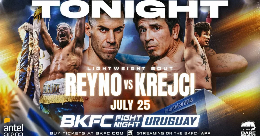 Combate BKFC Reyno vs Krejci (peso ligero) esta noche, 25 julio en Uruguay. Luchadores intensos y bandera nacional.