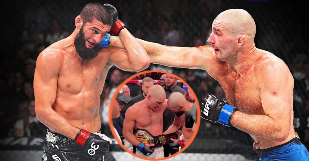 Luchadores de UFC Khamzat Chimaev y Sean Strickland en combate; Strickland golpea. Recuadro: Strickland recibe cinturón de Chimaev.