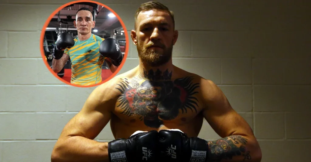 Conor McGregor con guantes de boxeo y tatuajes, posa serio. En círculo, Max Holloway con guantes y camiseta estampada de entrenamiento.