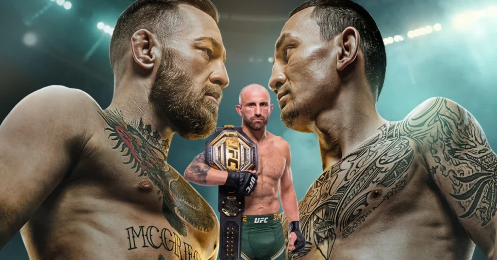Conor McGregor y Max Holloway se encaran. Alexander Volkanovski, campeón UFC, entre ellos con el cinturón.