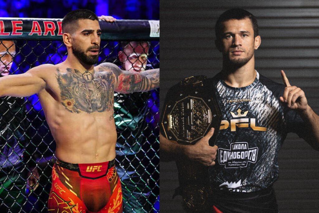 Luchadores MMA: Ilia Topuria en jaula UFC y Usman Nurmagomedov, campeón PFL, con cinturón.