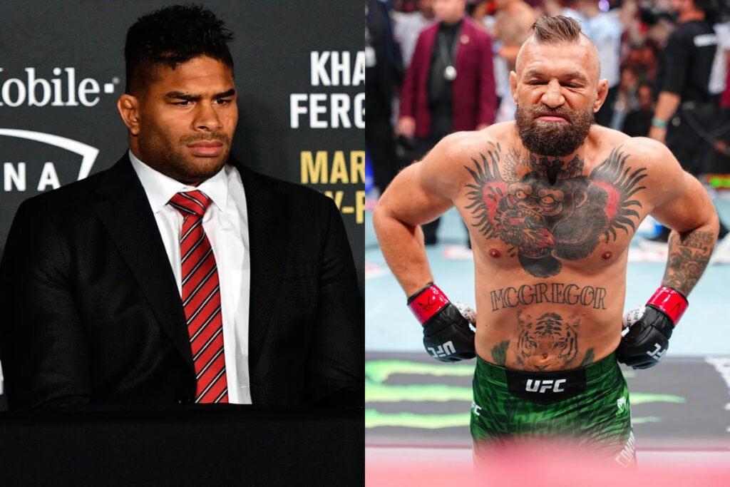 El luchador Alistair Overeem con traje y corbata, junto a Conor McGregor con tatuajes, barba y guantes de UFC.