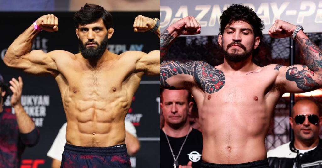 Dos atletas de MMA en el pesaje: uno muy musculoso y barbudo, el otro con barba y tatuajes de manga completa.