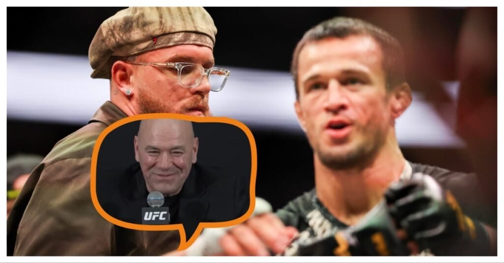 Dana White sonríe en burbuja, flanqueado por comentarista de MMA con boina y gafas, y luchador de UFC con guantes.