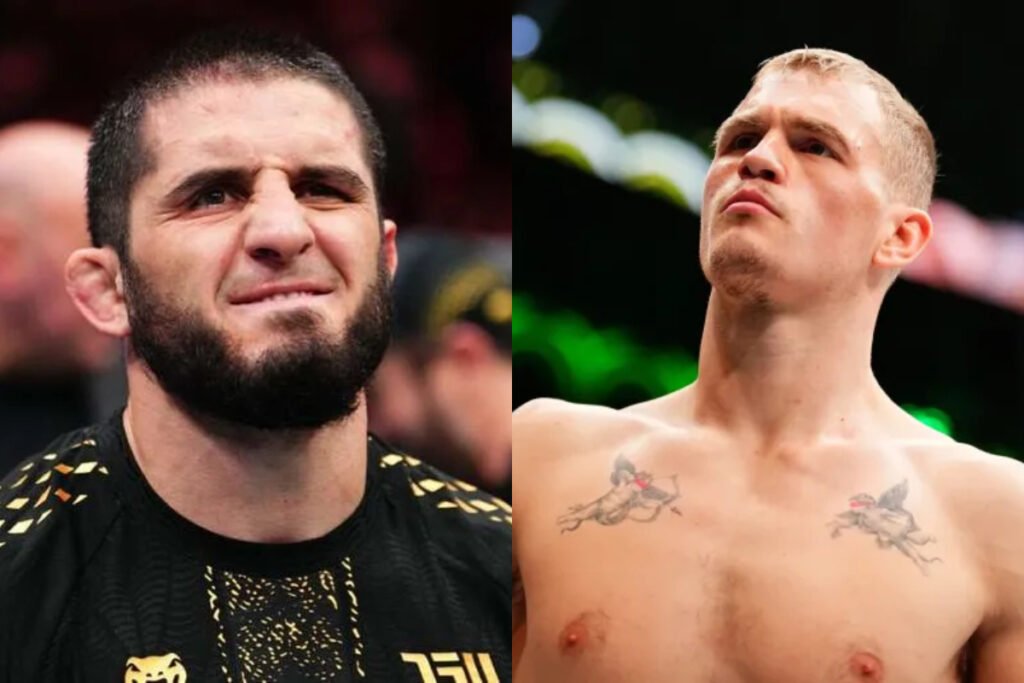 Retrato: Islam Makhachev (izquierda, barba, camiseta) e Ian Machado Garry (derecha, sin camisa, tatuajes de querubines).