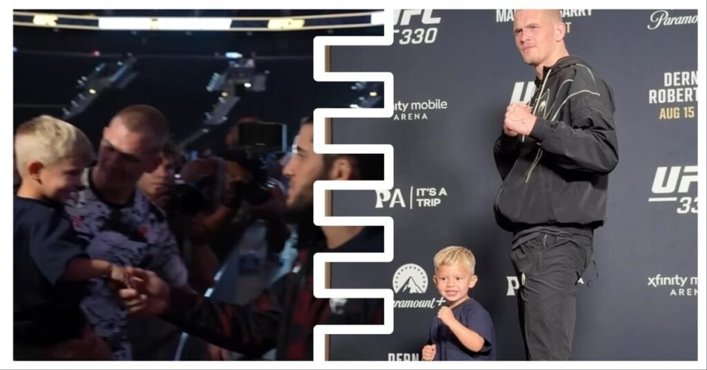 Leo, hijo de Ian Garry, saluda a Islam Makhachev y posa luego con su padre en un evento de UFC.