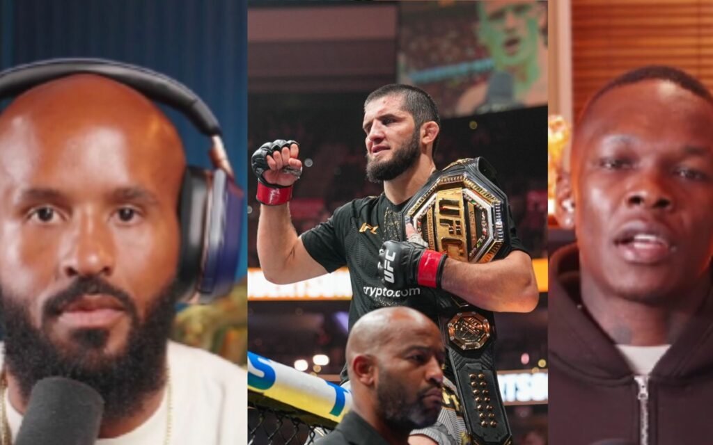 Islam Makhachev, campeón de la UFC con su cinturón, junto a Israel Adesanya y un comentarista de MMA.
