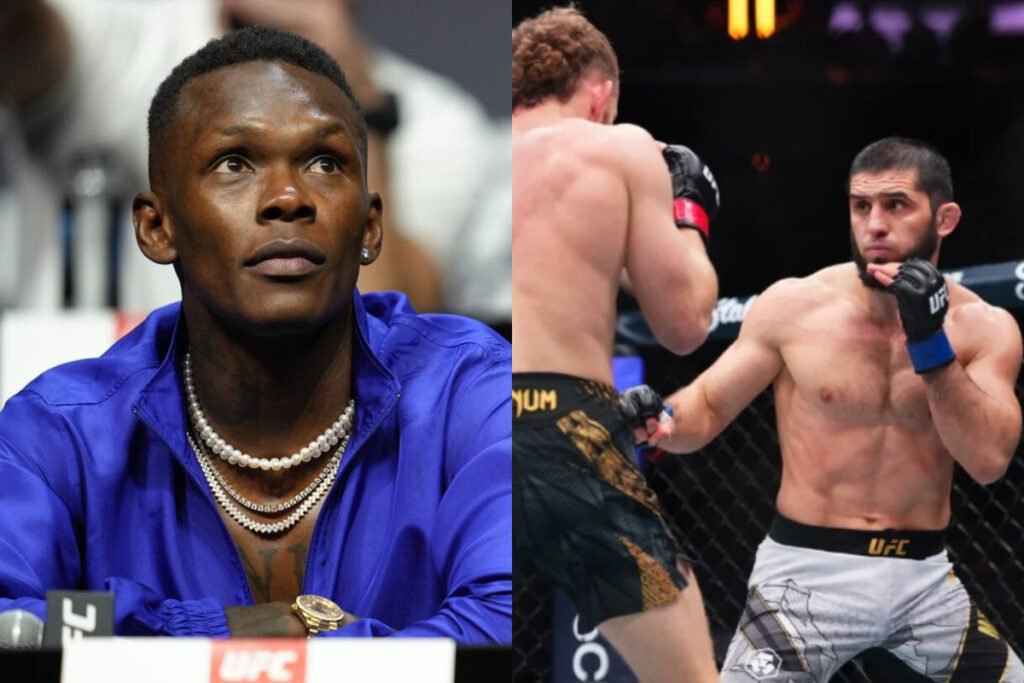 Israel Adesanya, en azul y perlas, observa a Islam Makhachev en un combate de UFC en el octágono.