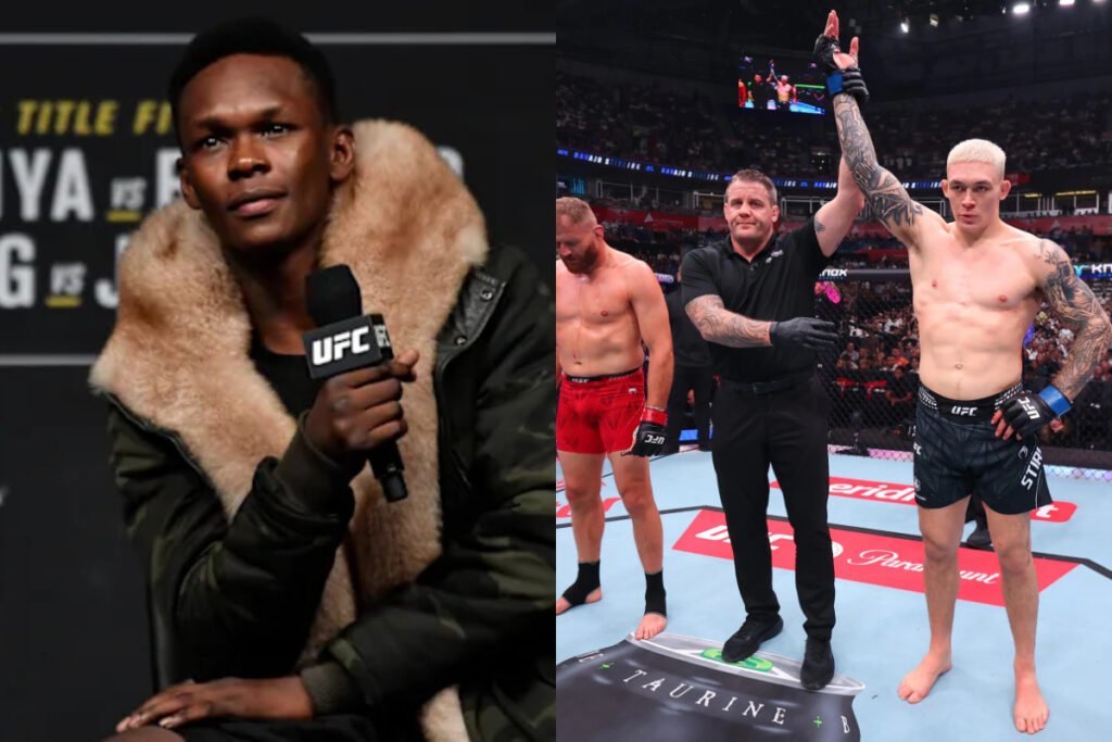 Israel Adesanya con micrófono UFC; junto a Navajo Stirling, luchador rubio tatuado, celebrando victoria en el octágono con el árbitro.