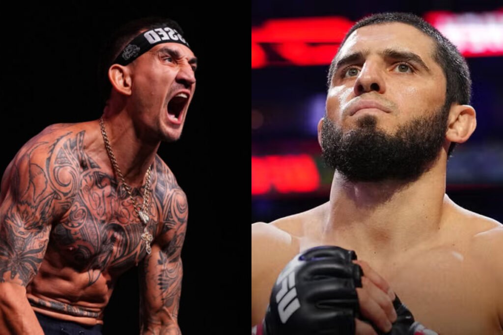 Max Holloway gritando y tatuado junto a Islam Makhachev con barba, serio. Luchadores UFC, artes marciales mixtas.