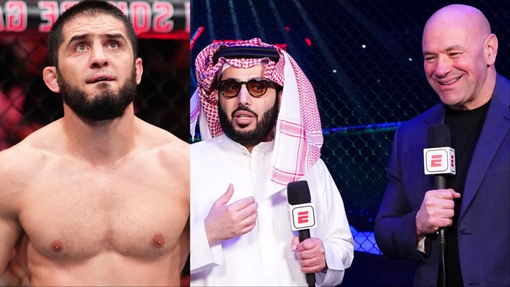 Islam Makhachev, Turki Alalshikh con gafas y Dana White sonriendo, los dos últimos con micrófonos ESPN en la UFC.
