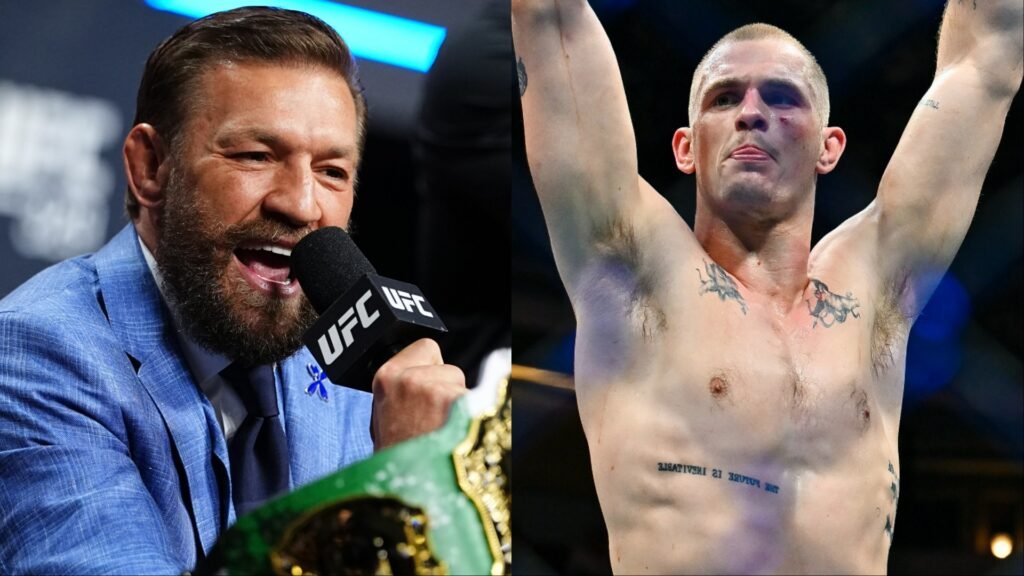 Conor McGregor sonríe al micrófono UFC. Un luchador con tatuajes y heridas celebra con los brazos en alto.