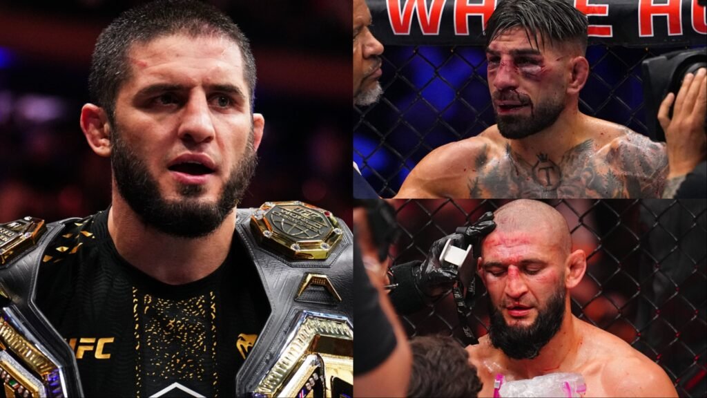Luchadores de UFC: Islam Makhachev con cinturón, Vicente Luque y Khamzat Chimaev heridos tras un combate.