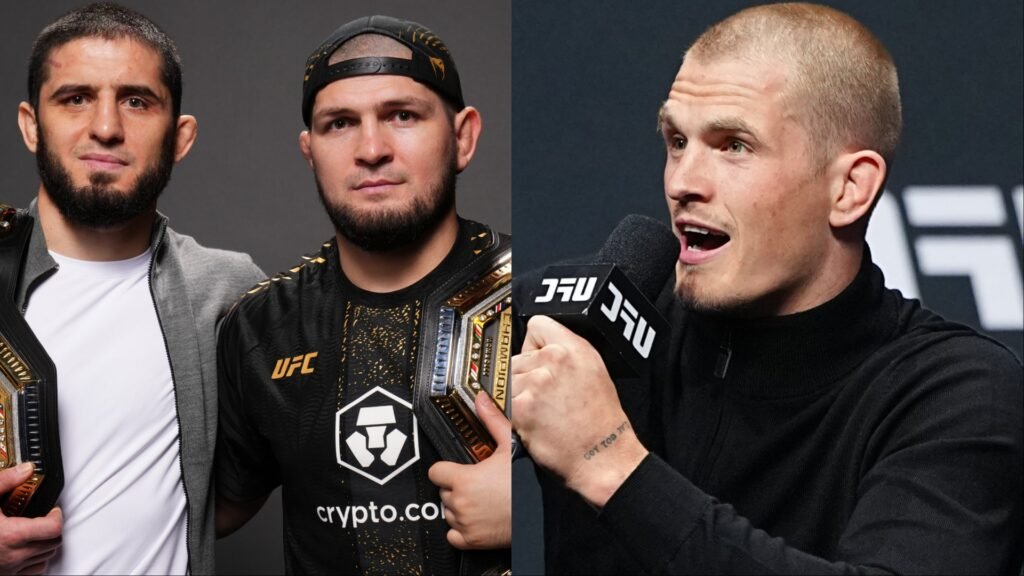 Islam Makhachev y Khabib Nurmagomedov con cinturones de campeón de la UFC. A su derecha, Paddy Pimblett en rueda de prensa.