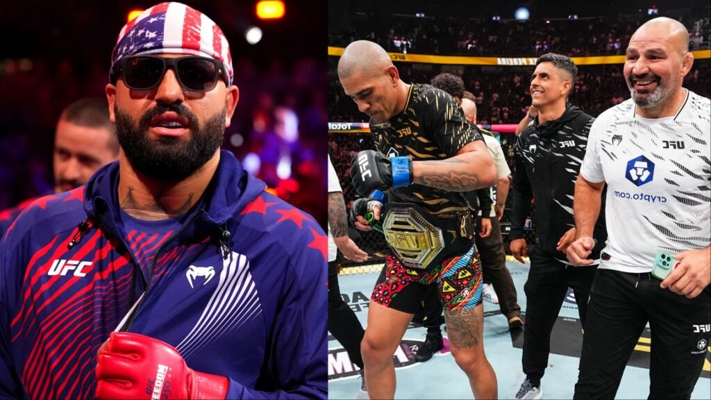 Dos momentos UFC: luchador con bandana americana y gafas, y campeón con cinturón y equipo sonriendo en la arena.