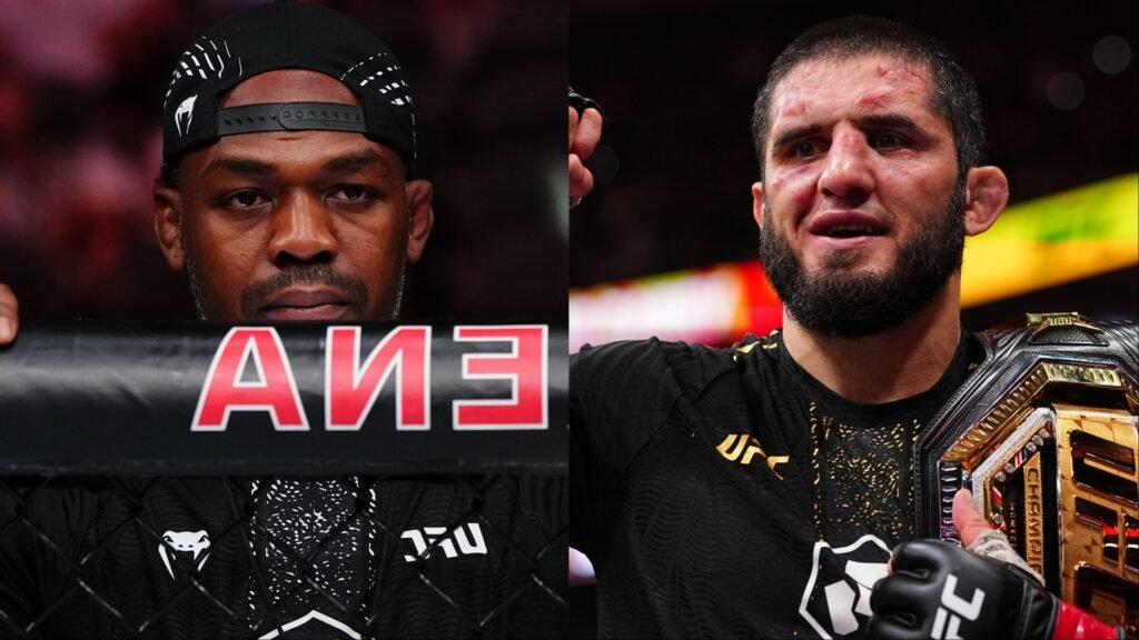 Jon Jones con gorra mirando serio y Islam Makhachev, campeón de UFC, con el cinturón y rostro marcado por la lucha.
