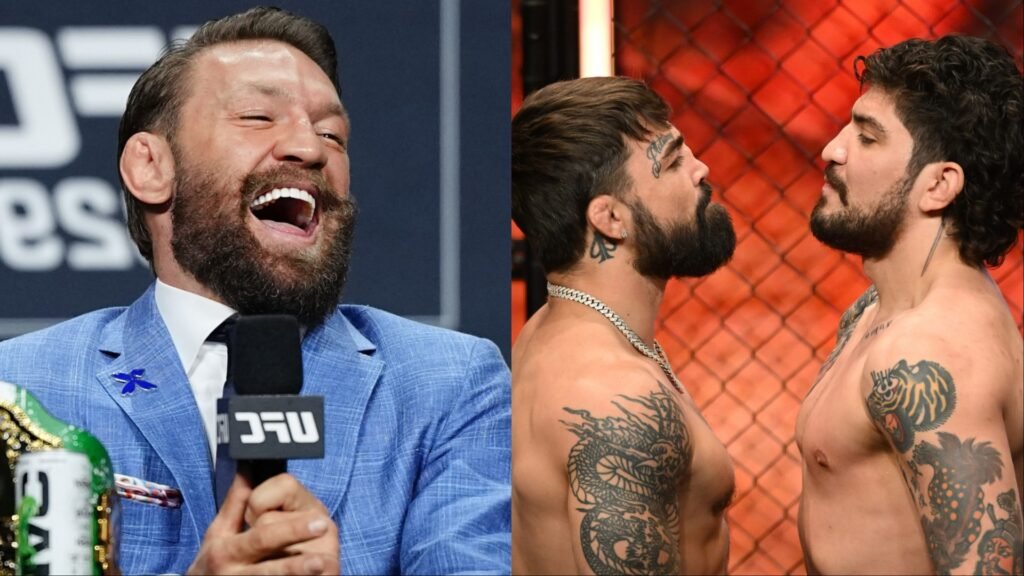 Conor McGregor riendo en un evento UFC. A su lado, dos luchadores de MMA con tatuajes se enfrentan en un careo intenso ante una jaula roja.