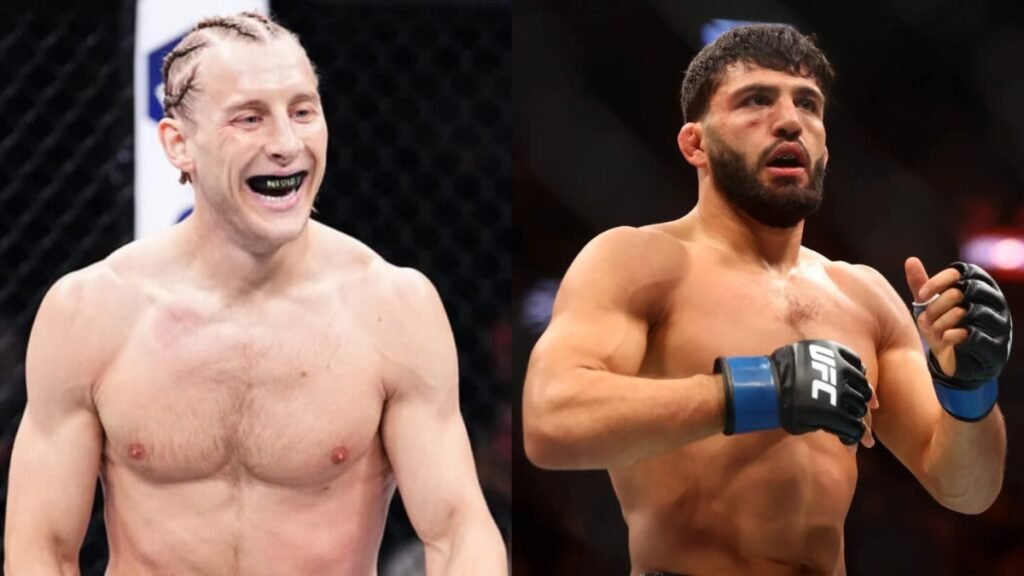Paddy Pimblett (trenzas, bucal, sonriente) y Arman Tsarukyan (barbudo, serio) en un cara a cara de la UFC.