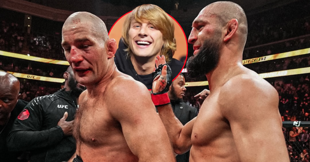El luchador de UFC Sean Strickland, ensangrentado, y Khamzat Chimaev en el octógono; Paddy Pimblett sonríe en un círculo superpuesto.