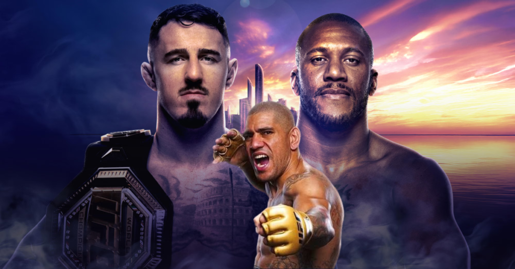 Tres luchadores de MMA: uno con cinturón de campeón y perilla, otro con barba y uno central en pose de ataque. Contrastan ciudad y atardecer.