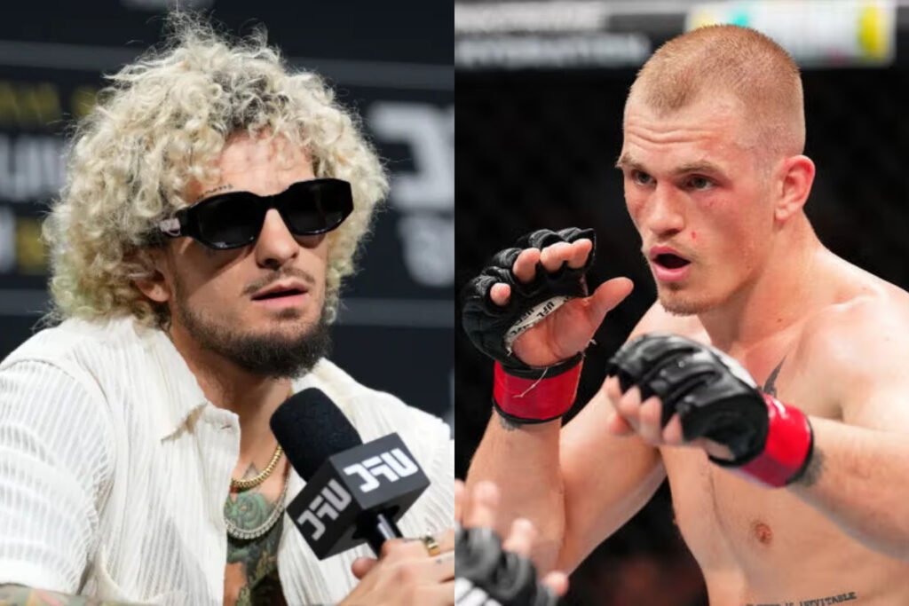 Sean O'Malley (pelo rubio rizado, gafas) en rueda de prensa y Ian Garry con guantes de MMA en posición de combate.