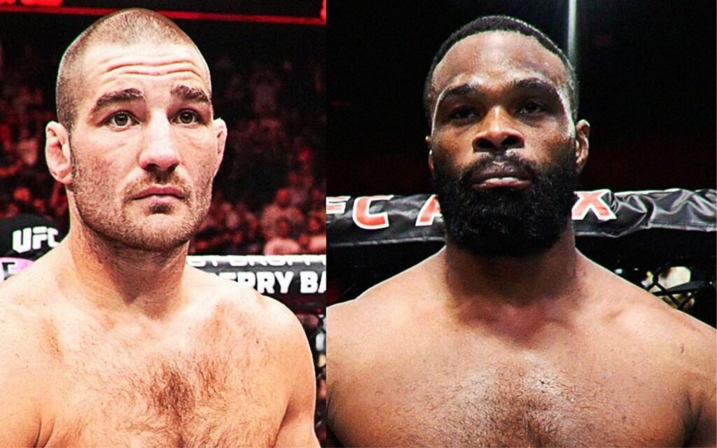 Dos luchadores de UFC, uno de cabello rapado y barba, otro con barba densa, posan serios en un ring de MMA.