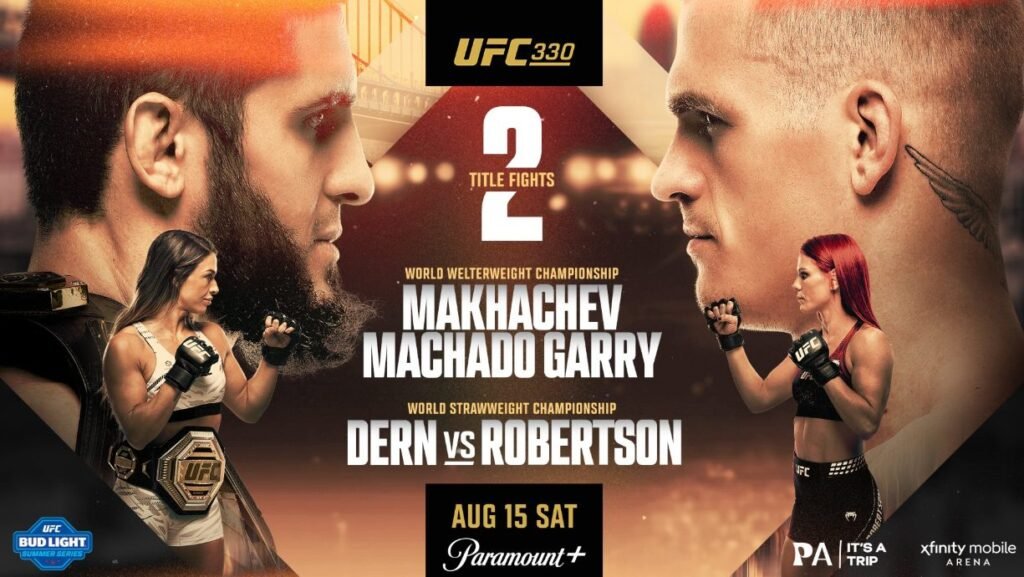 Póster UFC 330: Makhachev vs. Machado Garry y Dern vs. Robertson. Cuatro luchadores, con cinturón de campeón en juego.