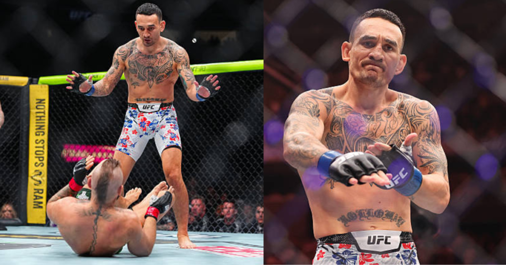 Max Holloway, luchador de UFC, en el octágono: mira a un rival caído y luego con gesto pensativo. Tatuajes y shorts florales.